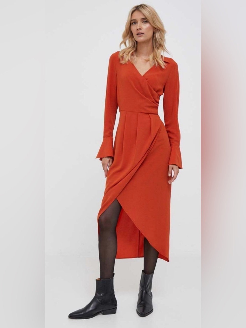 Sisley Wrap Maxi Dress Burnt Orange Collared Long Sleeve Size 42 / US 6 NWT